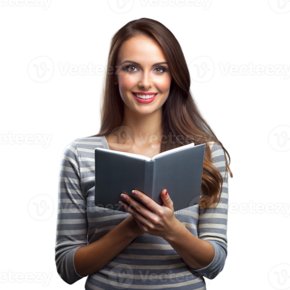Confident young lady with a book, smiling at the camera png
