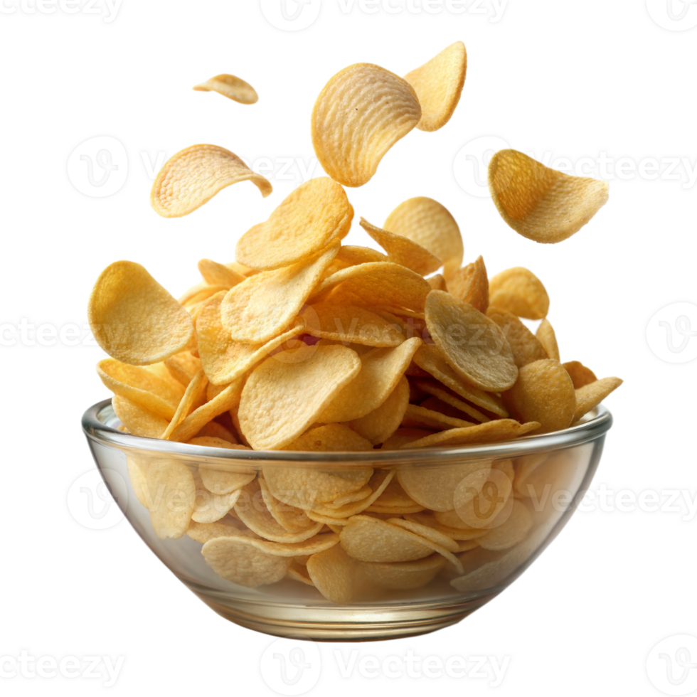 Crisp potato chips spilling mid-air into a bowl png