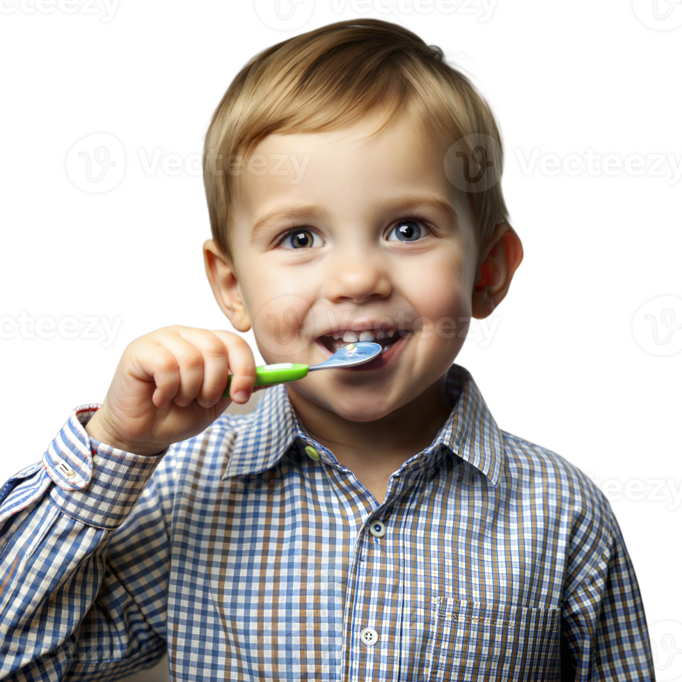 Smiling toddler boy brushing teeth with toothbrush png