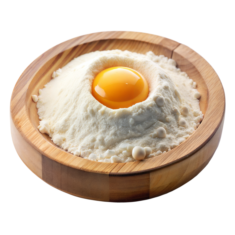 A raw egg yolk nests in frothy whites on wood png