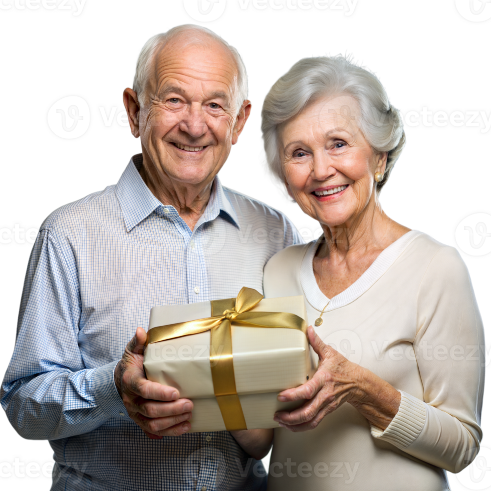 Elderly couple smiling with a golden gift box png