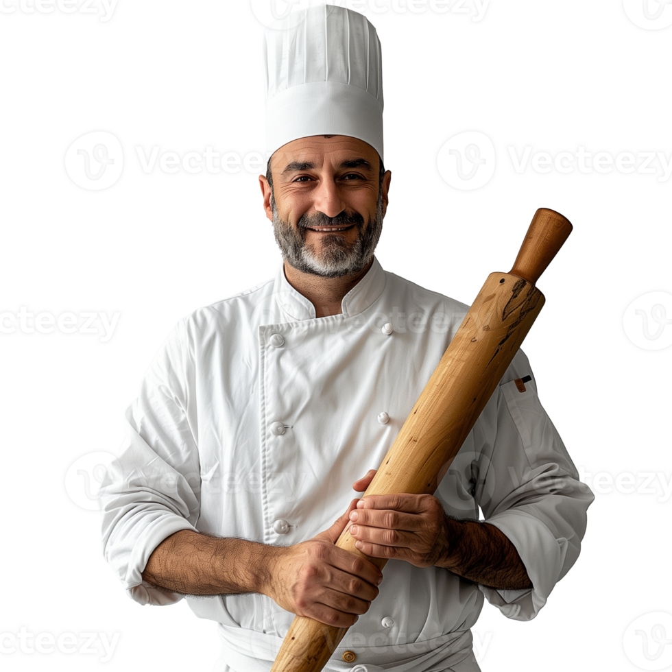 Confident chef in white uniform holding a wooden rolling pin png