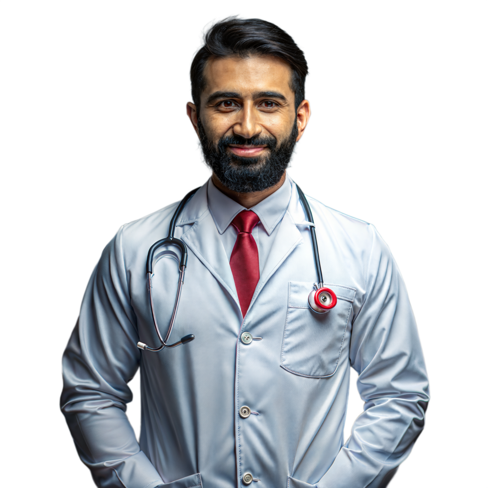 Smiling healthcare professional in lab coat ready for consultation png