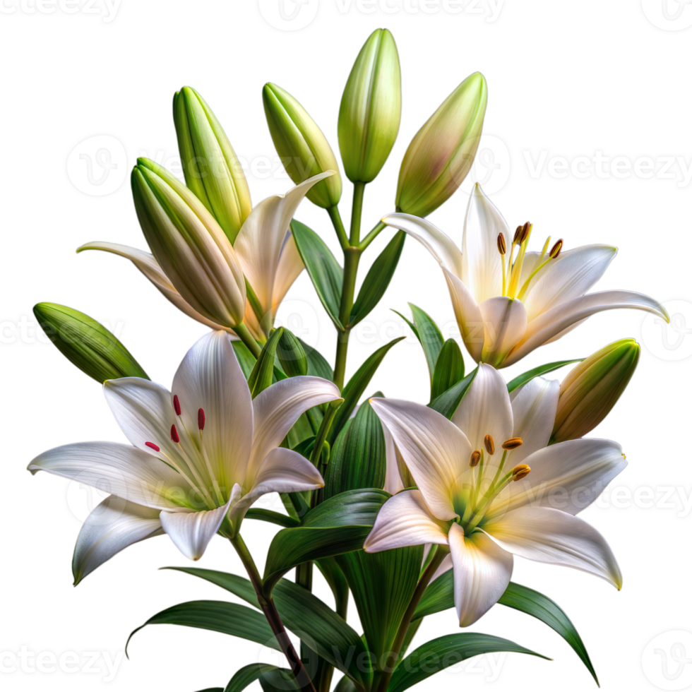 Blooming white lilies with lush green leaves on a transparent background png