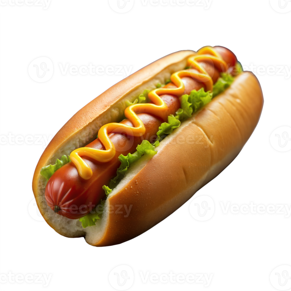 Delicious hot dog with lettuce and mustard on bun png