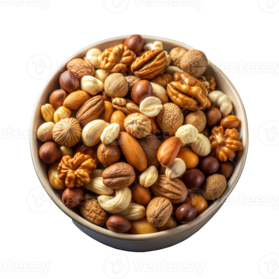 Assorted nuts in a bowl, perfect for healthy snacking png