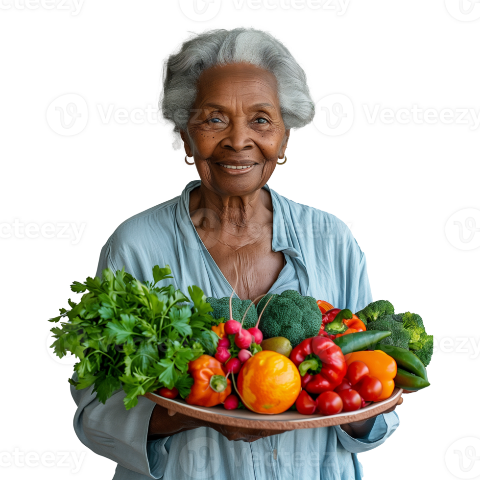 Senior woman smiling holding a tray of fresh vegetables png