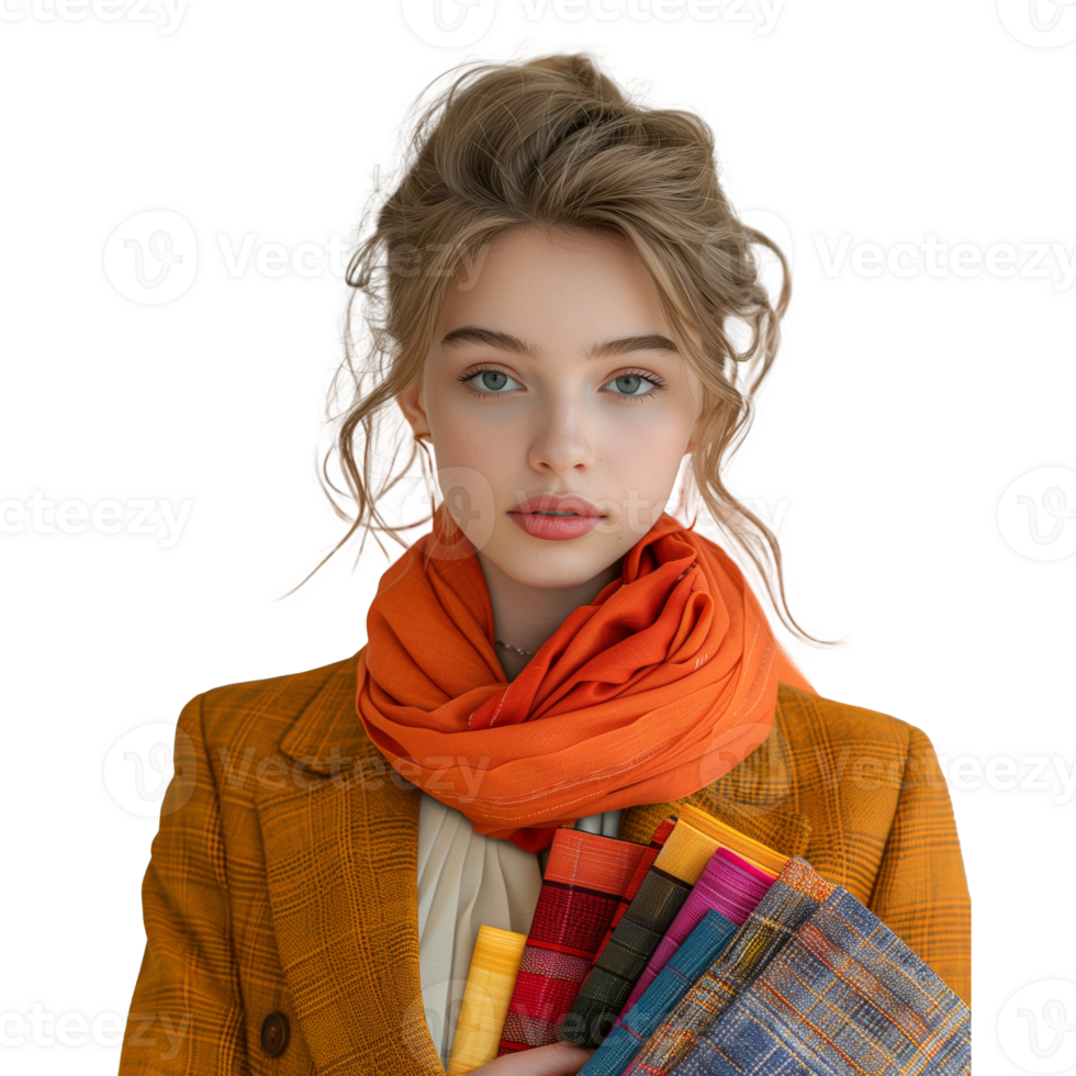 Fashionable young woman with colorful textiles and orange scarf png