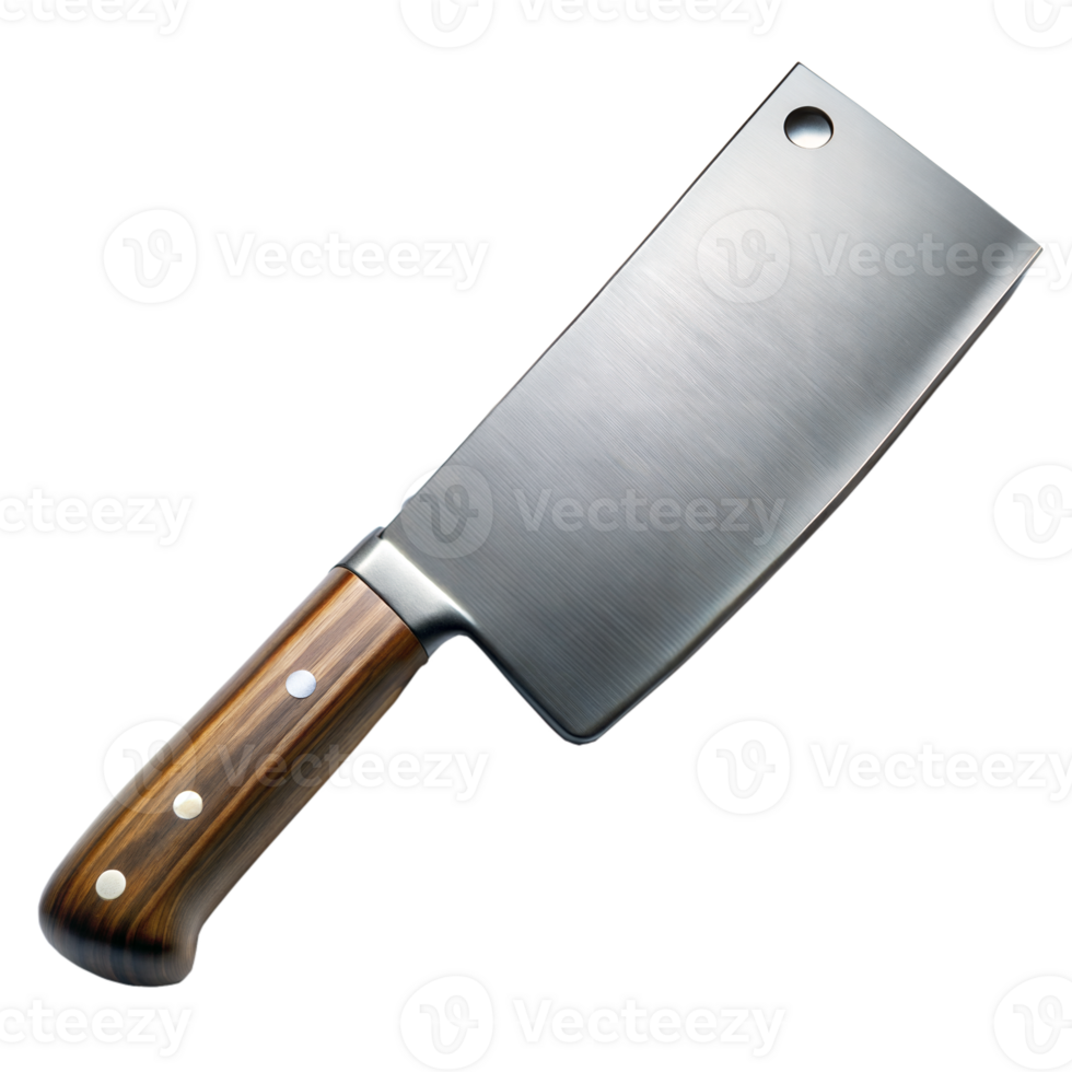 A stainless steel cleaver with a polished wooden handle png