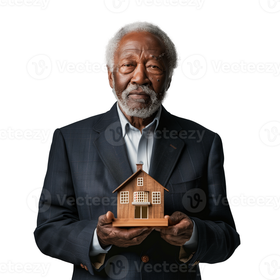Senior man in suit holding a model house confidently png