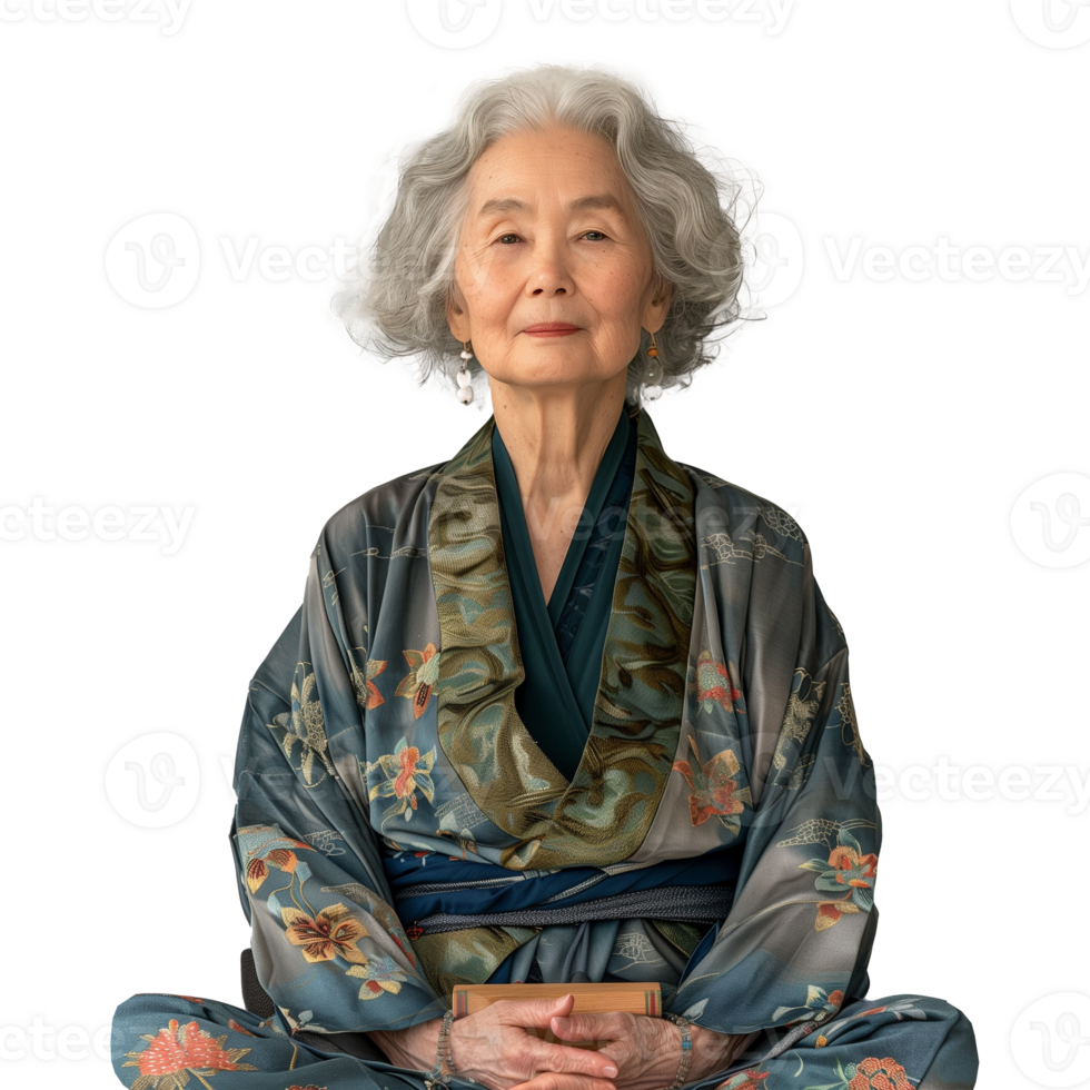Elegant senior woman in traditional kimono with serene expression png