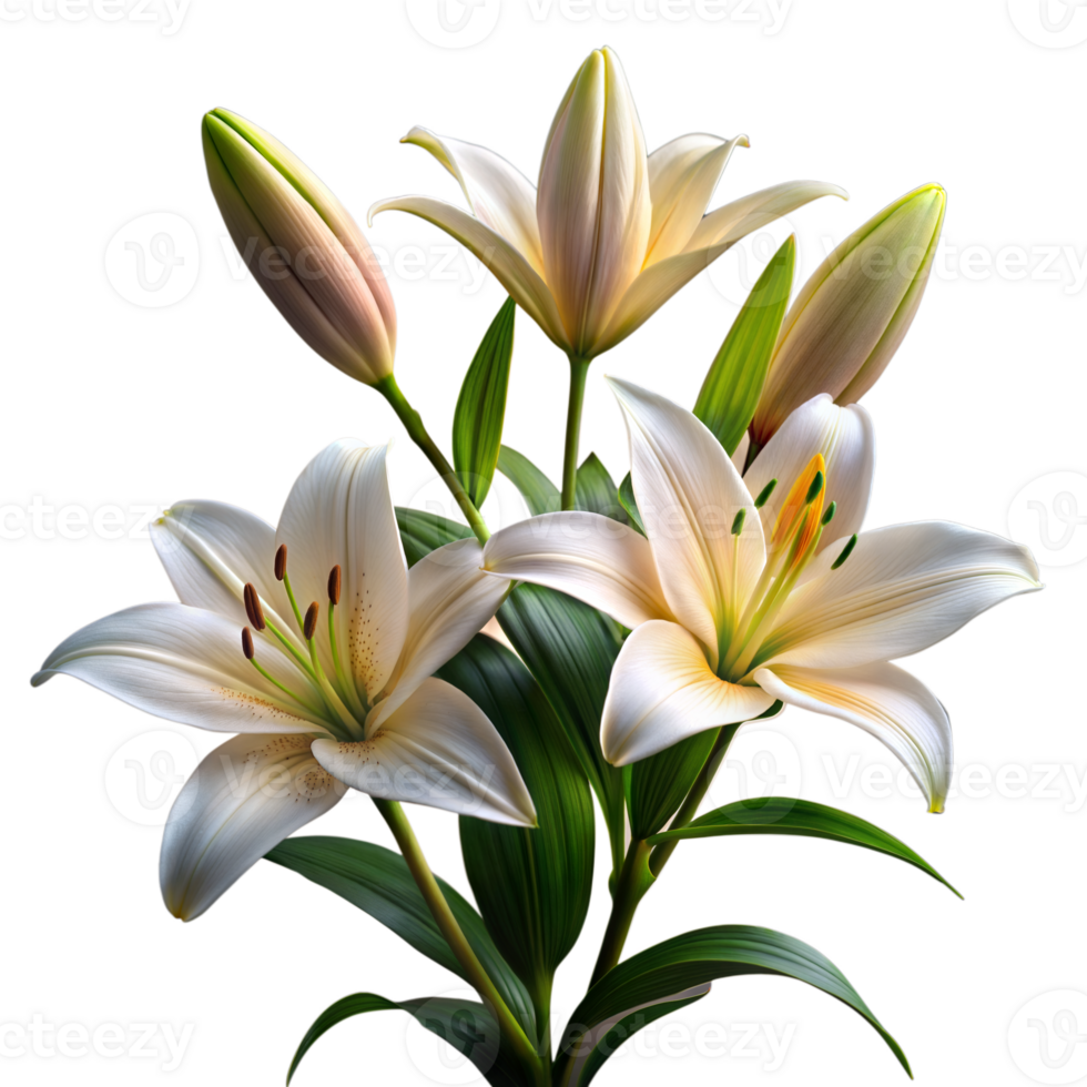 Elegant white lilies with lush green leaves on a clear background png
