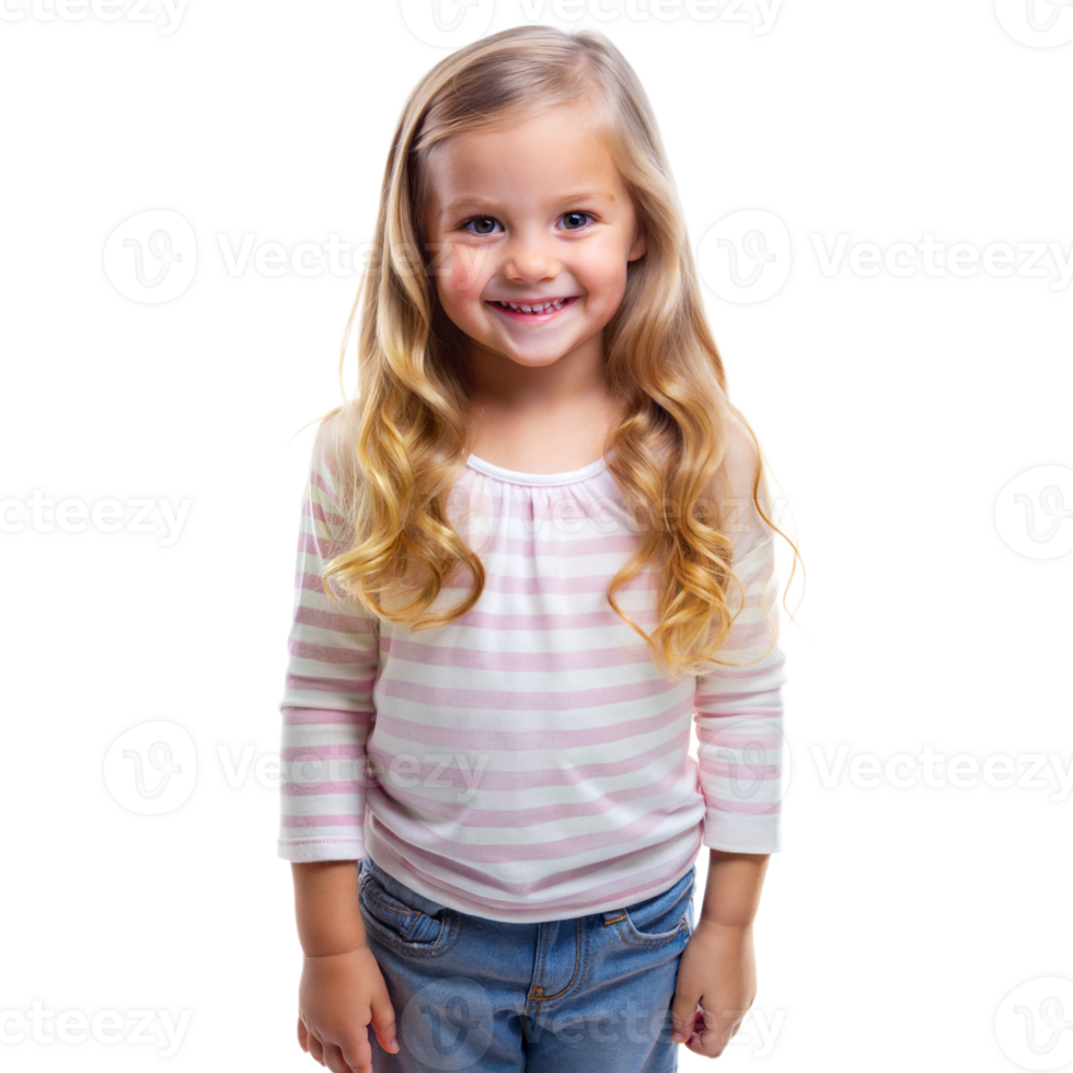 Happy young girl smiling with long blonde hair on transparent background png