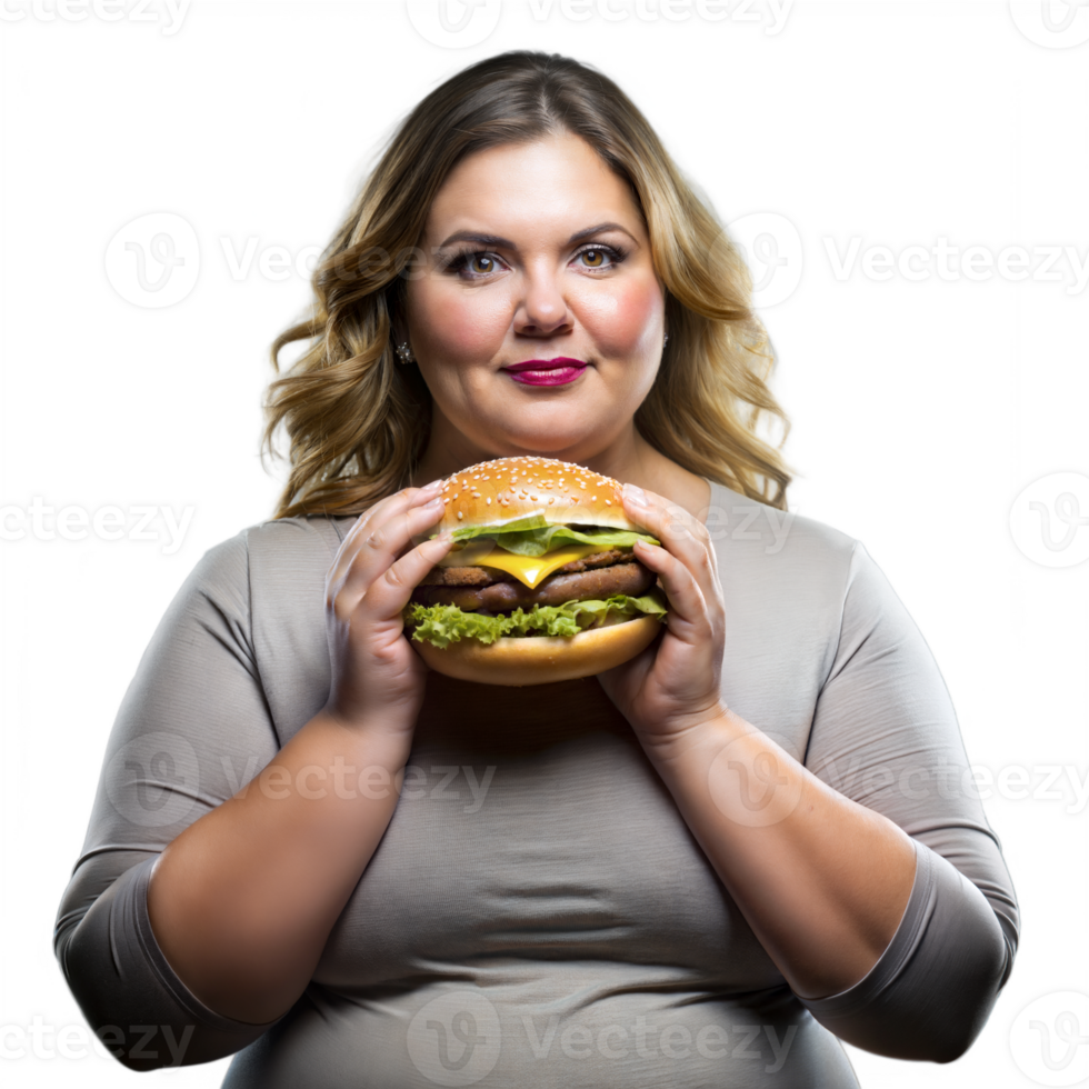 Confident woman enjoying a delicious double cheeseburger png