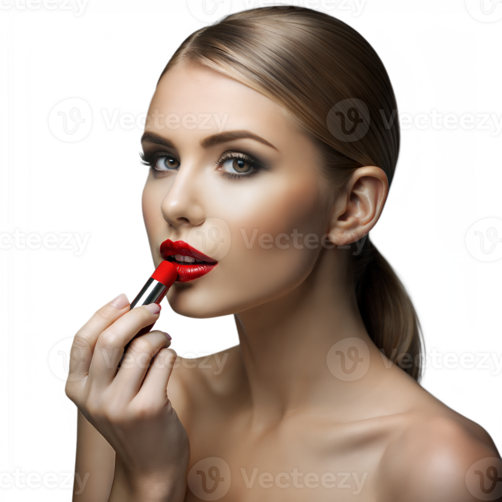 giovane donna l'applicazione rosso rossetto con precisione png