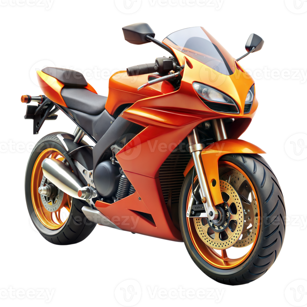 An orange motorcycle is parked on top of a white surface png