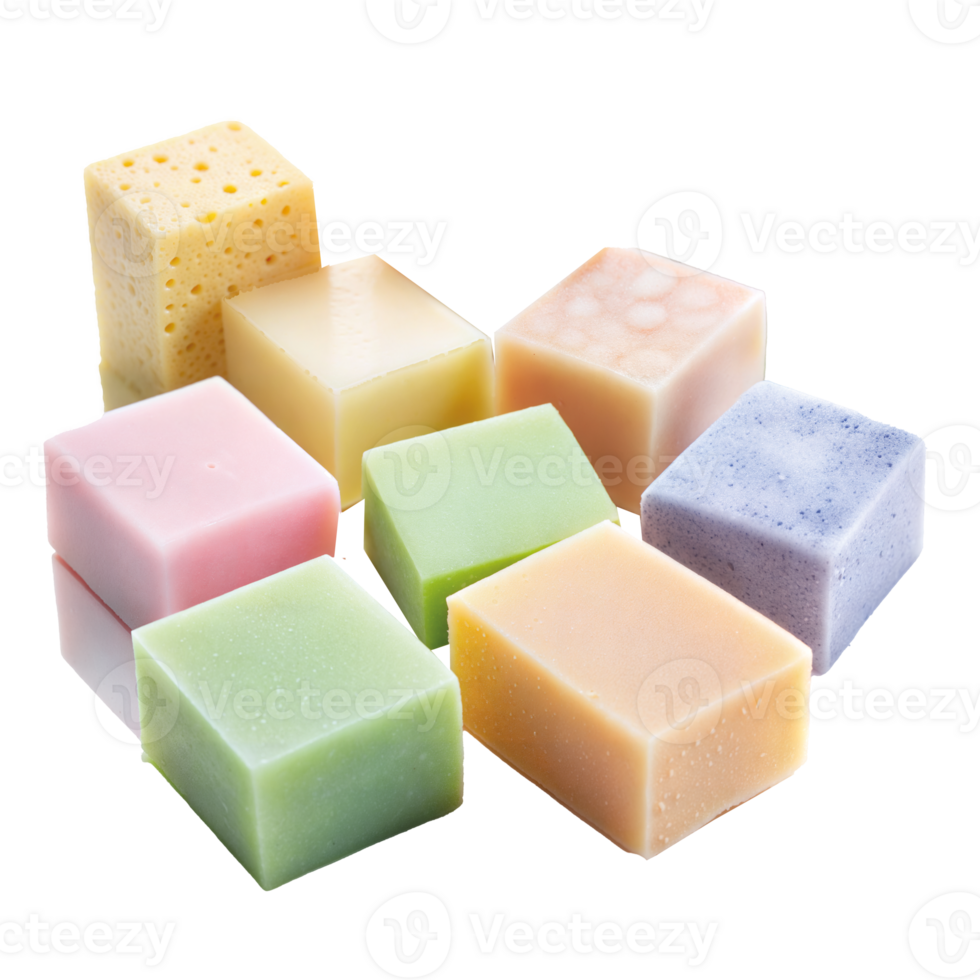 Colorful handmade soaps arranged neatly on a surface png