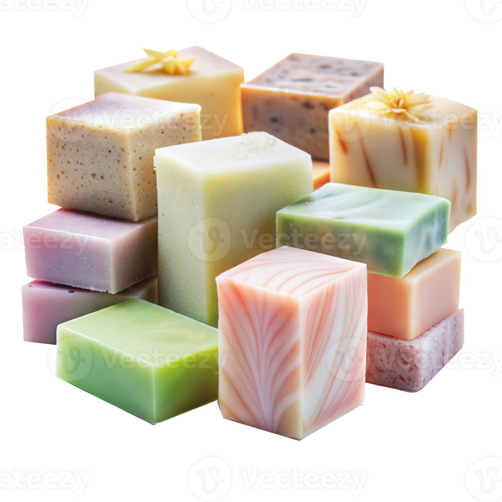 Colorful handmade soaps collection on a transparent background png