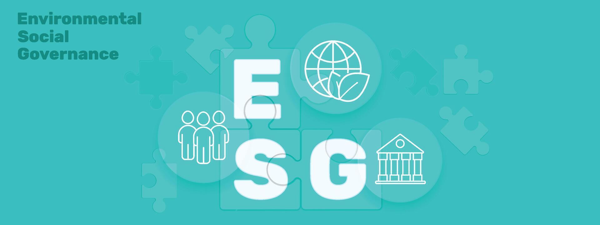 Environmental, Social and Corporate Governance. ESG concept. Banner with letters and icons in circles and puzzles. Eco-friendly infographic. illustration vector