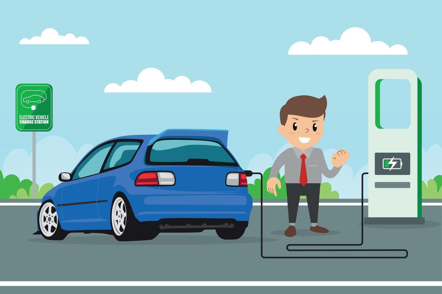 Man character standing near electric recharge station and charging an electric car battery. Modern hybrid Auto. New alternative Energy vehicle. Futuristic transport concept. Flat illustration. vector