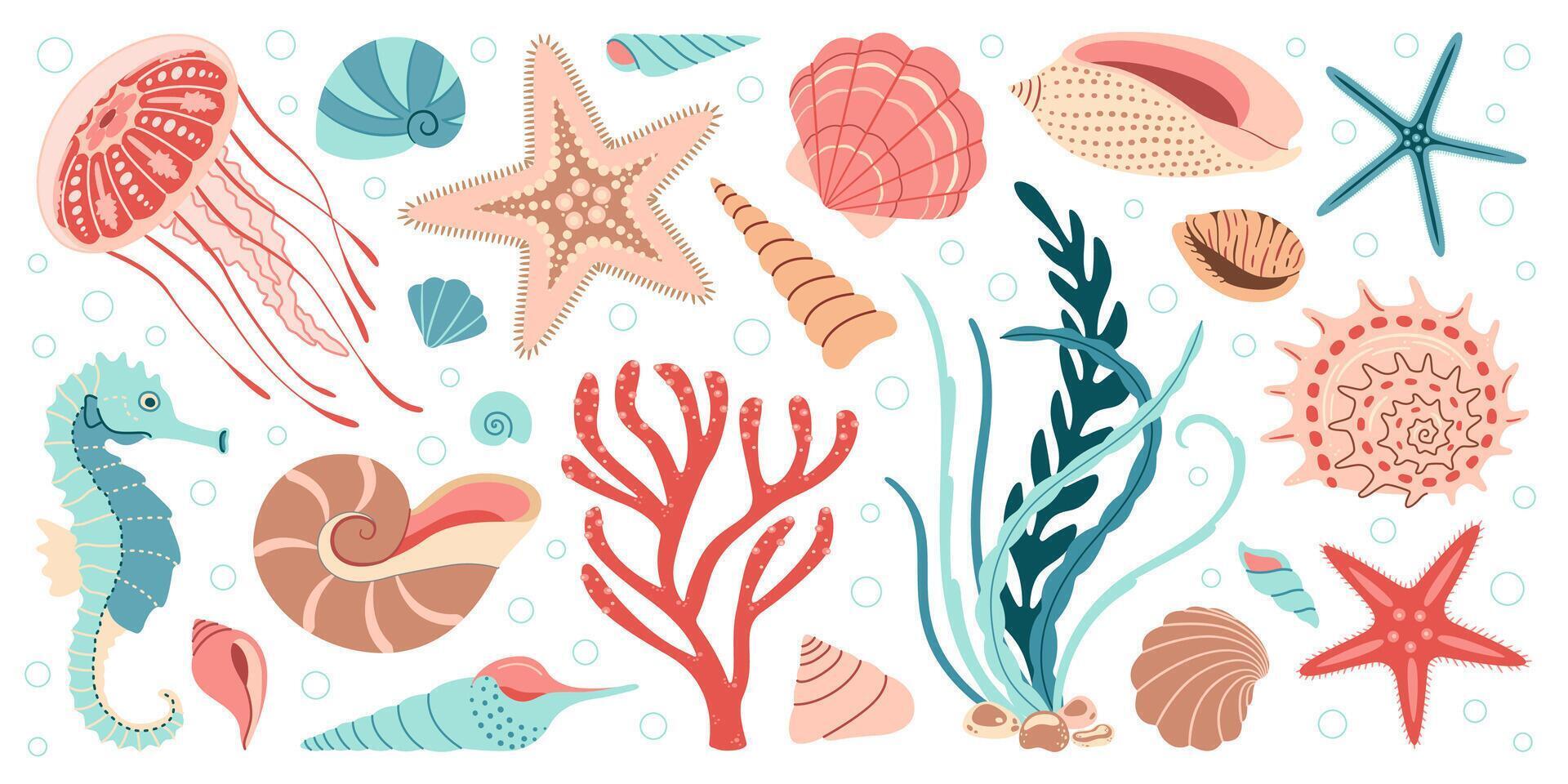 Hand drawn cartoon sea life elements set. Aquatic animals, anemones, crab, jellyfish, algae, seashells, starfish, sea horse. Trendy flat doodle set underwater ecosystem illustration vector