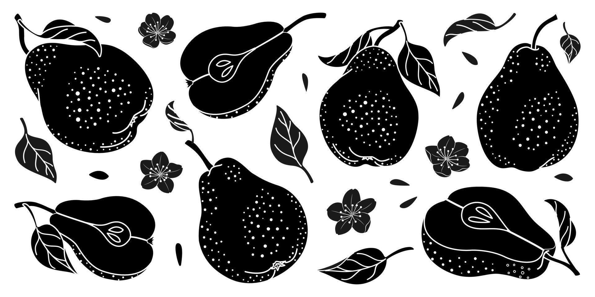 Pear silhouettes set. Minimalistic simple fruit element. Whole and Sliced pears with seeds, flowers and leaves. Isolated on a white background. Black silhouettes illustration. vector