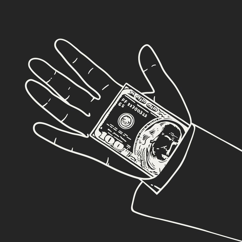 Hand holding one-hundred-dollar bill illustration. vector