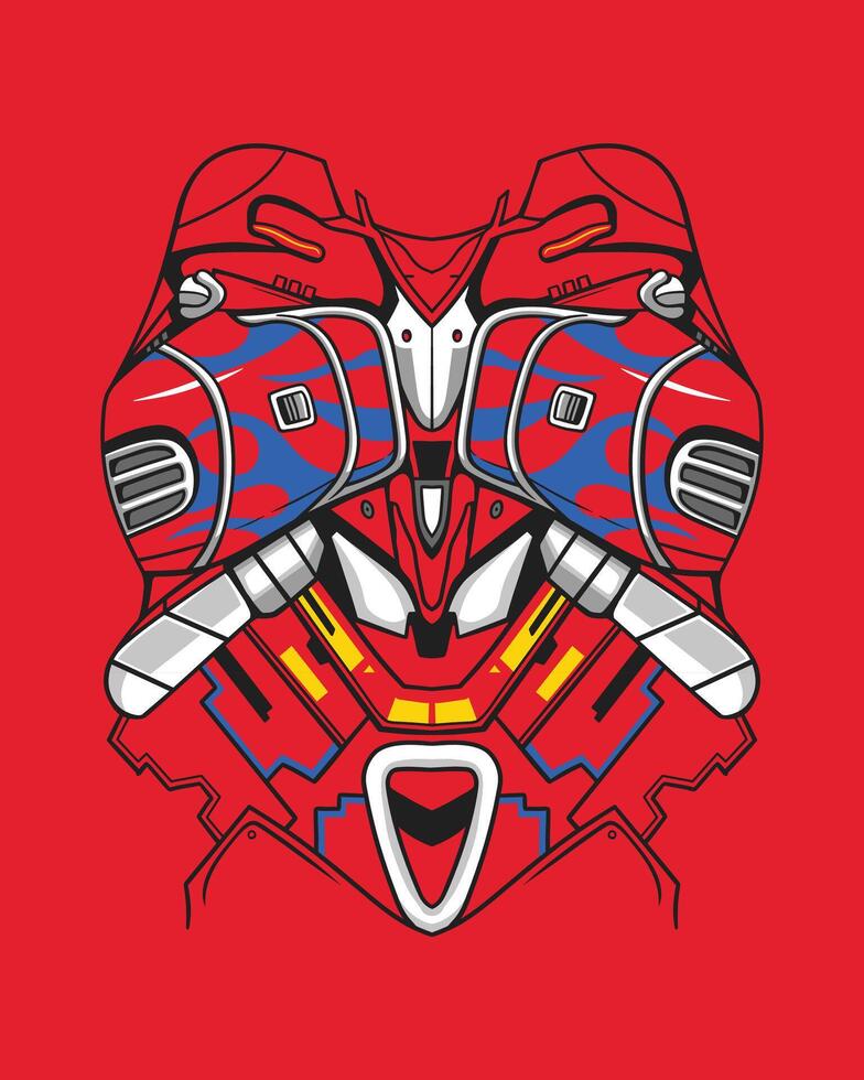 Colorful, symmetrical abstract illustration of a robot body with intricate patterns on a red background vector