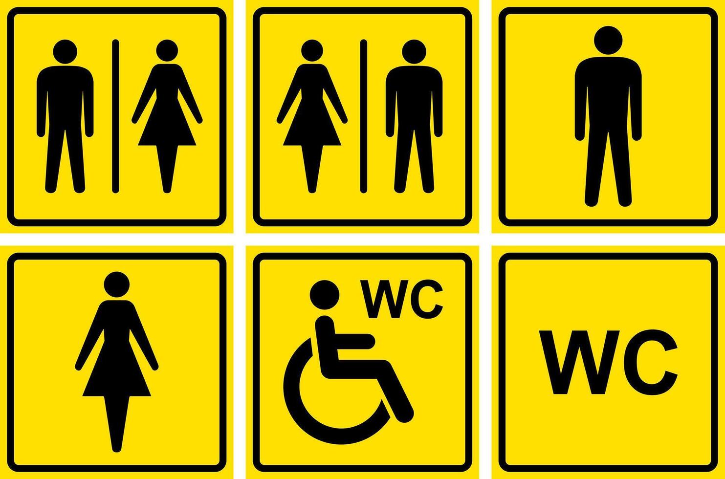 Set of public restroom signs, six stickers with yellow backgrounds. vector