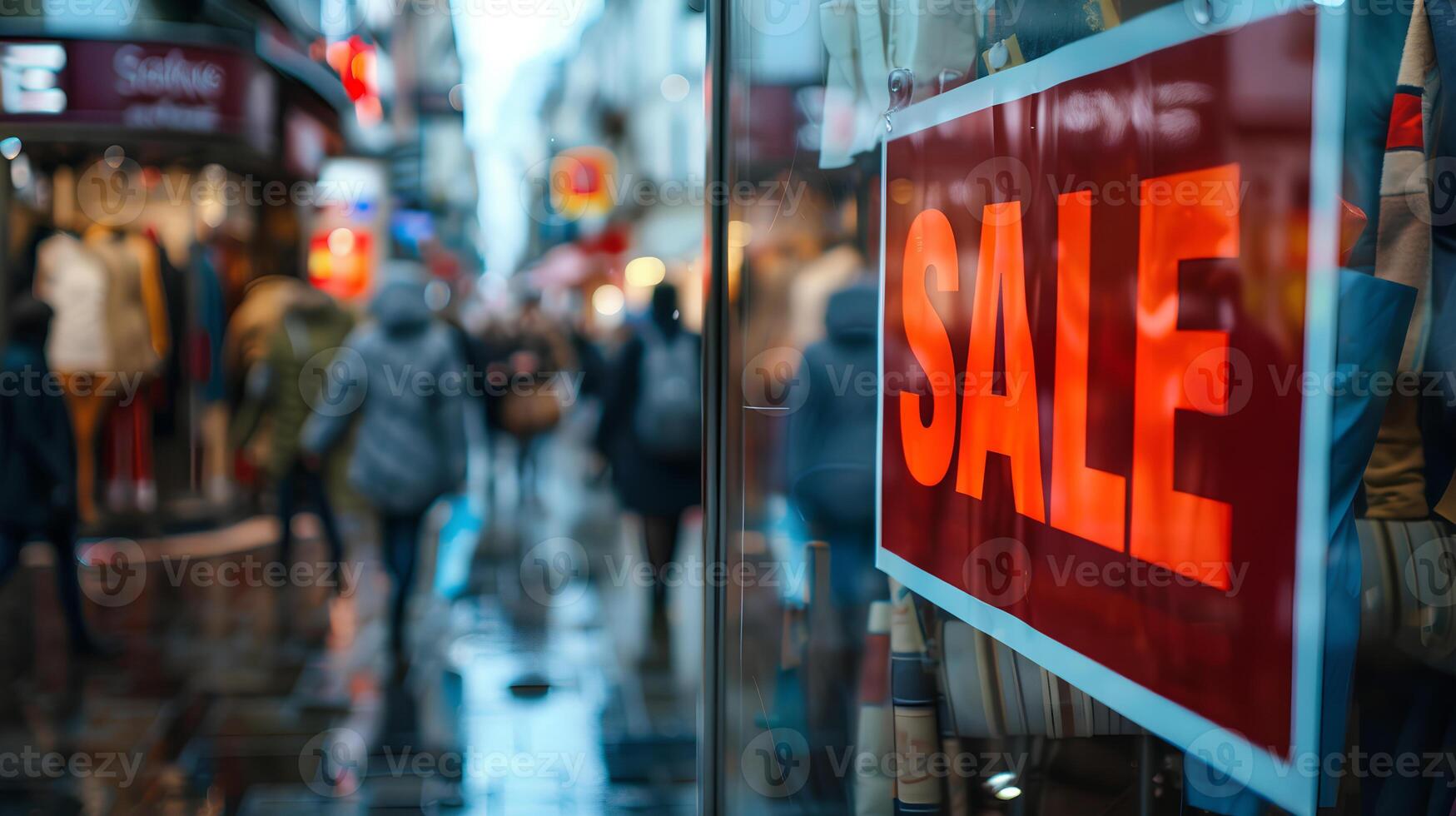 Sale concept image with a Sale sign in a shop window and people in street in background. photo