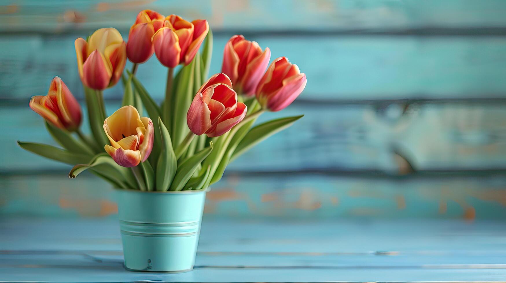 Bouquet of tulips on blue wooden table photo