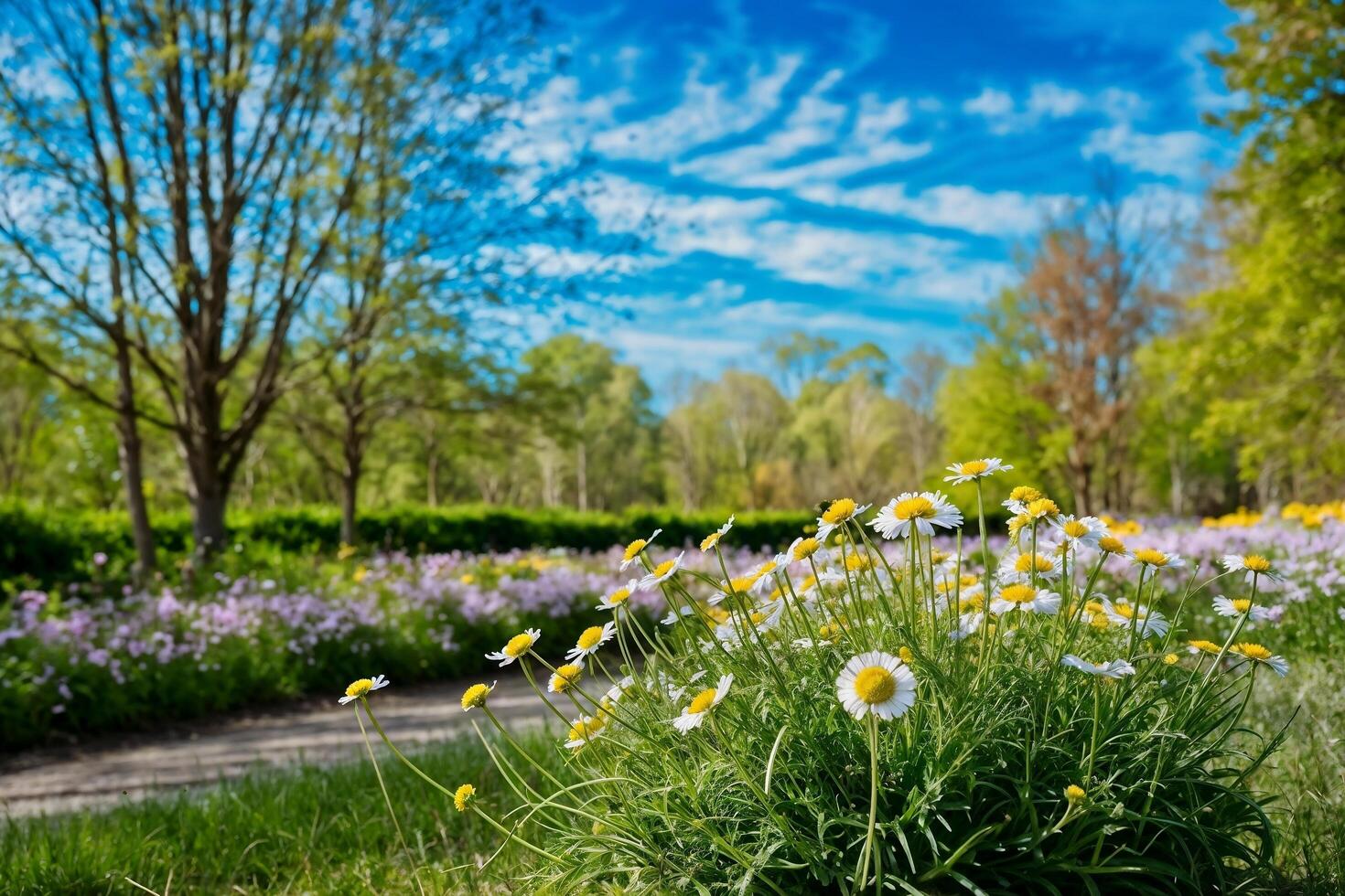 hermosa borroso primavera antecedentes naturaleza con manzanilla, arboles y azul cielo en un soleado día. foto