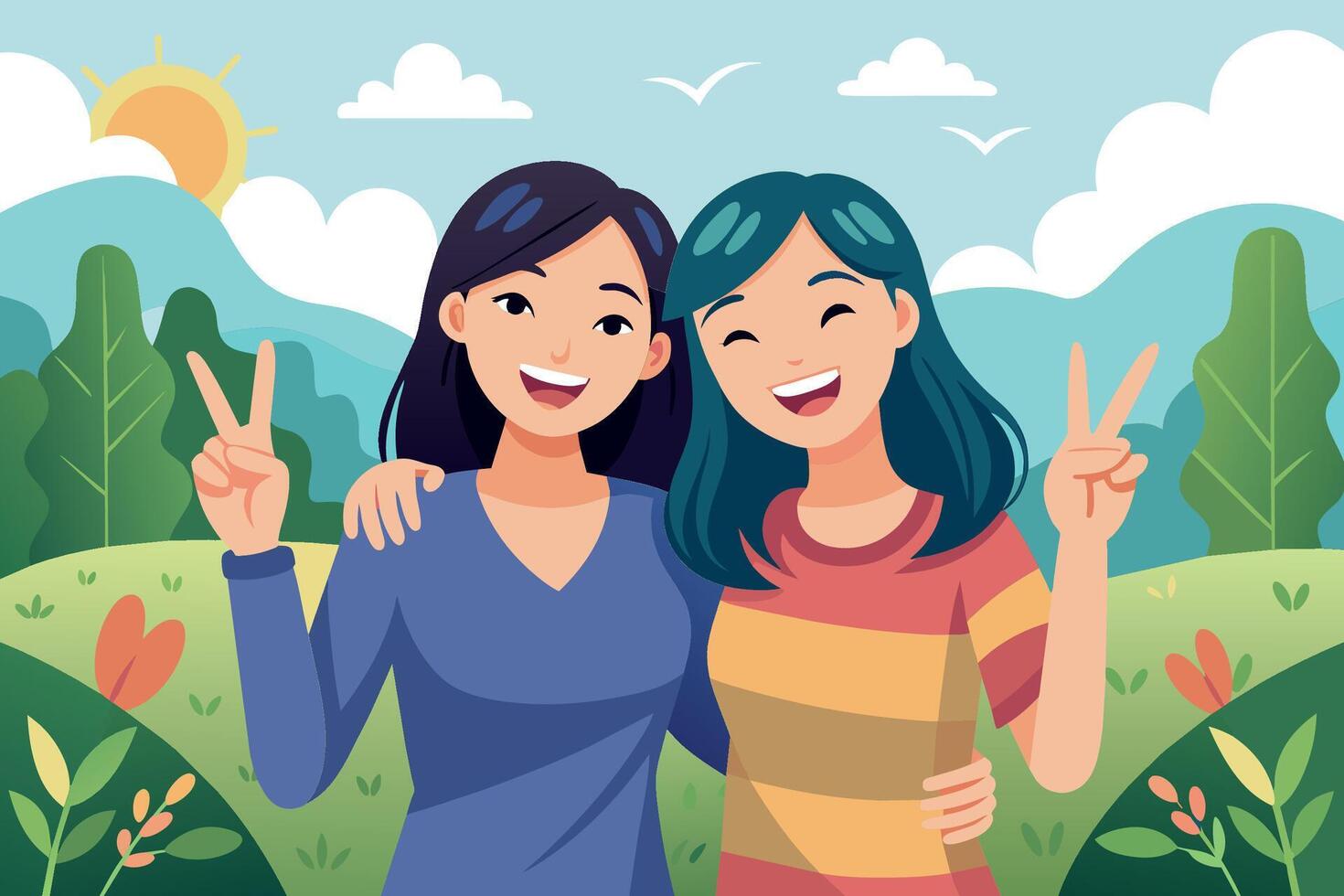 Two joyful young Asian women posing with peace signs, smiling in sunny outdoor setting vector