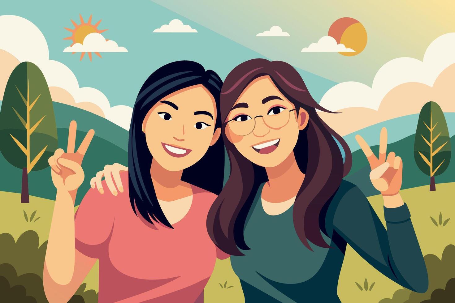 Two joyful young Asian women posing with peace signs, smiling in sunny outdoor setting vector