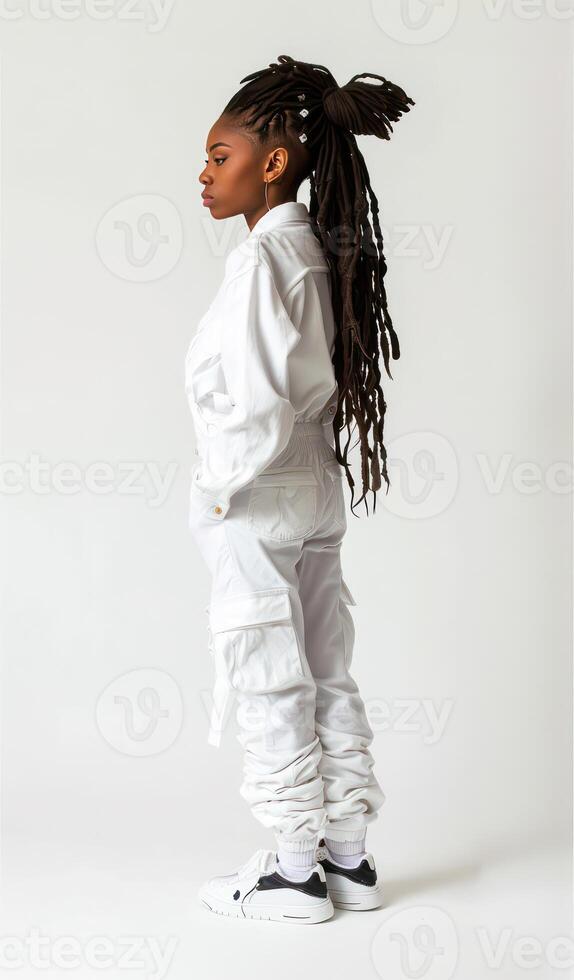 A young African American woman with dreadlocks stands in front of a white wall. A fashionable photo of black woman in stylish clothes isolated on white background.