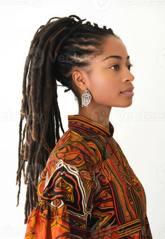 A young African American woman with dreadlocks stands in front of a white wall. A fashionable photo of black woman in stylish clothes isolated on white background.