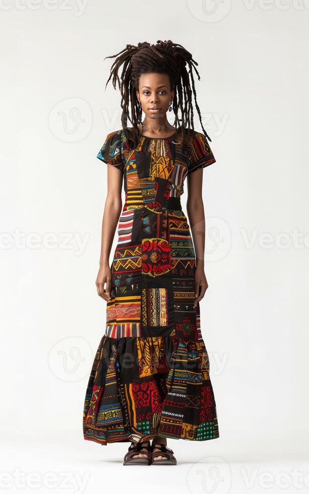 A young African American woman with dreadlocks stands in front of a white wall. A fashionable photo of black woman in stylish clothes isolated on white background.