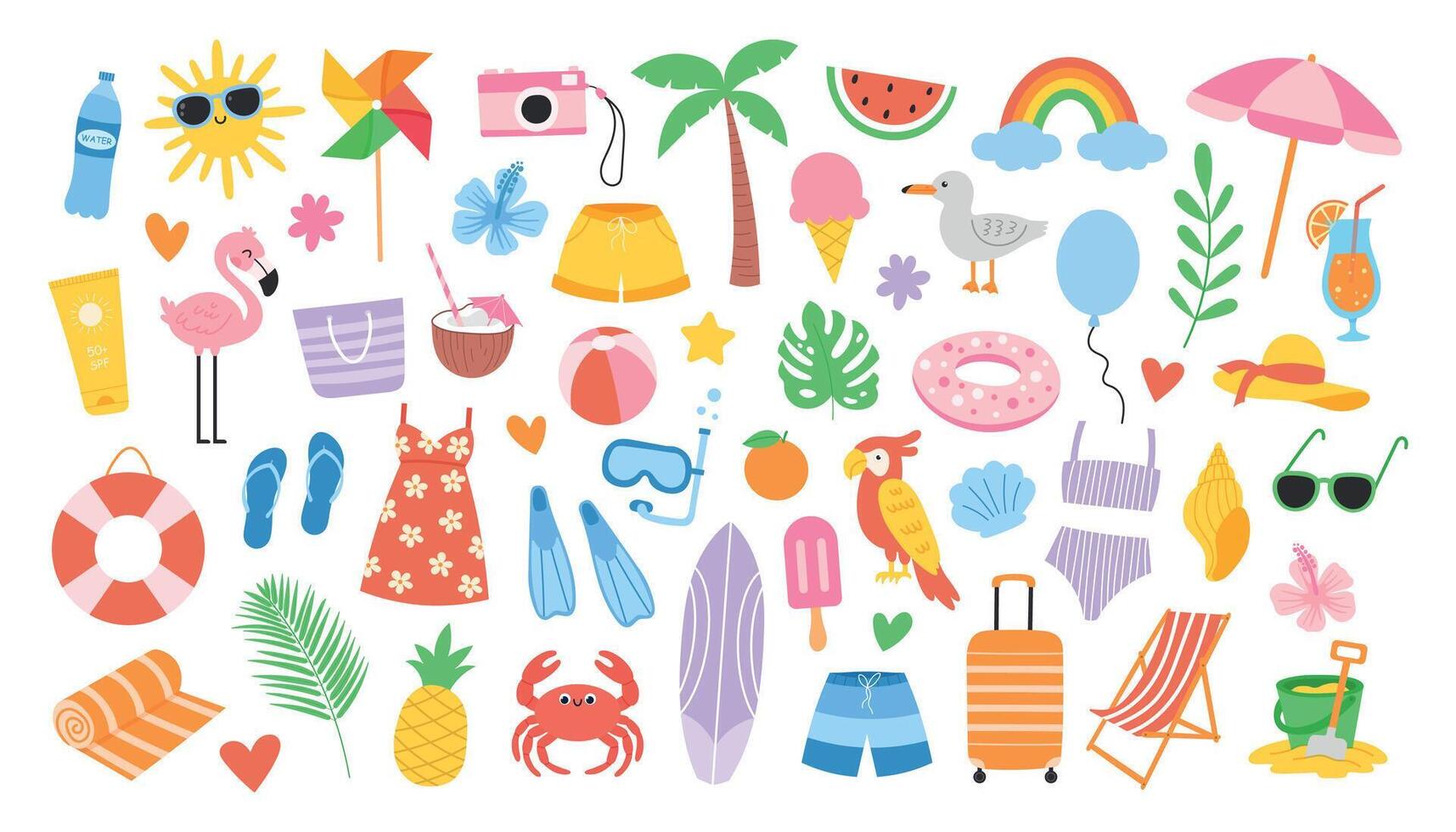 Cute beach set. Summer colorful holiday icons. Hand drawn illustration vector