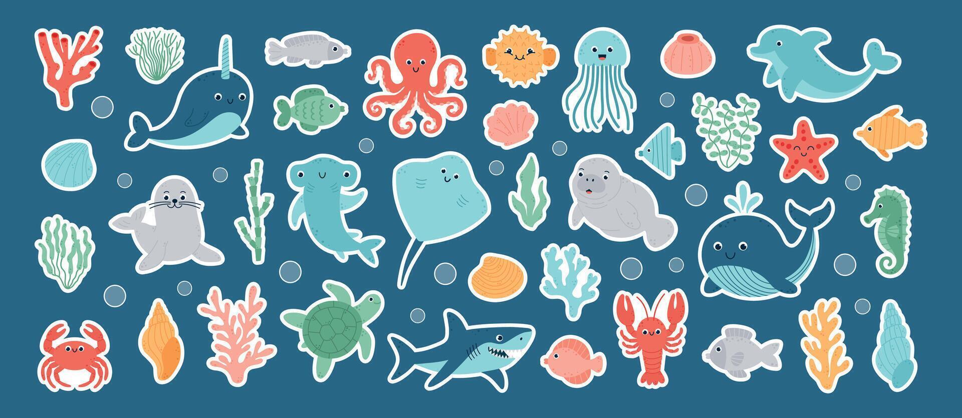 Sticker set with kawaii sea animals, shells, corals, seaweed. Cute sea life character elements. Cartoon illustration vector