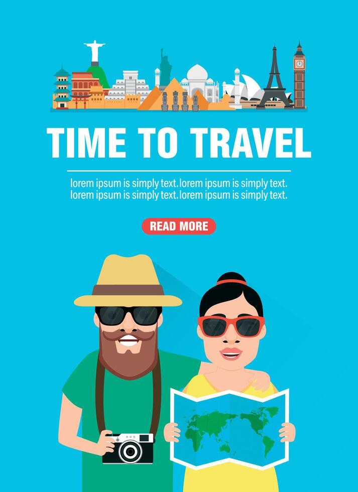 Time to travel. Journey of young couple concept design flat banner vector
