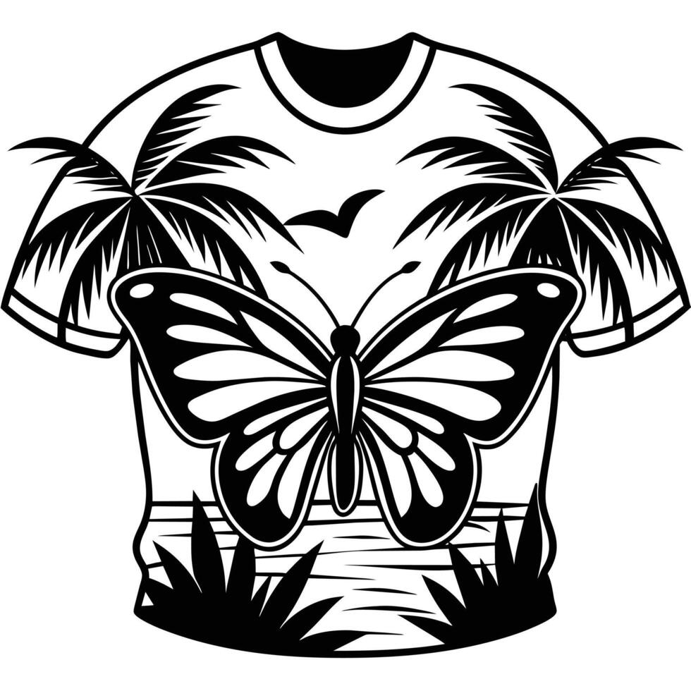 Butterfly and palm trees, sunset t-shirt design illustration vector