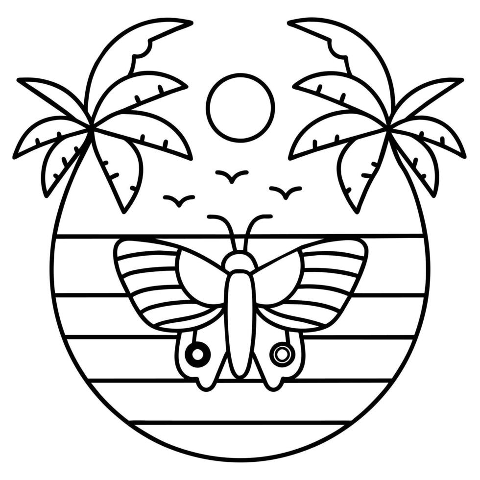 Butterfly and palm trees, sunset t-shirt design illustration vector