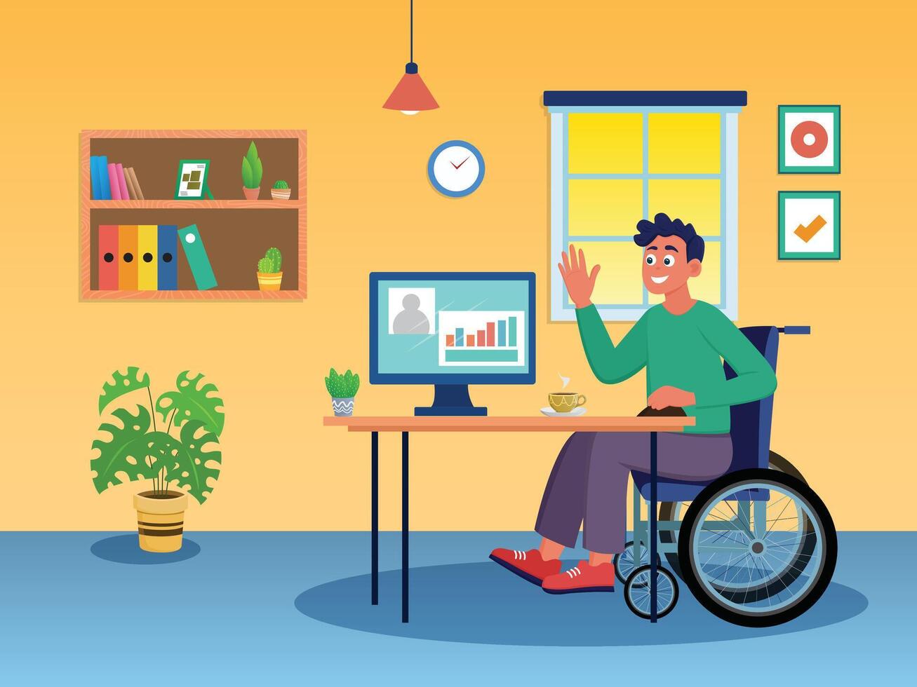 Disabled person sitting in a wheelchair doing business work in home office vector