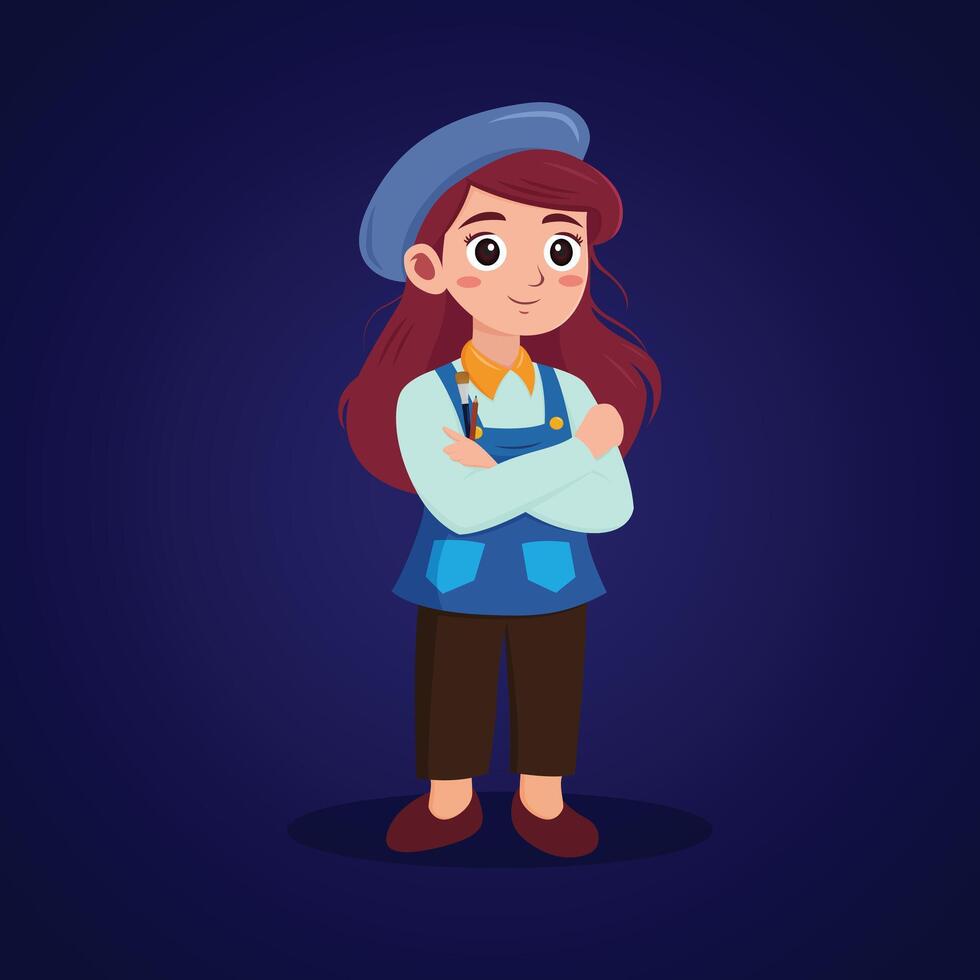 kid girl wearing a painter uniform cartoon cute character design vector