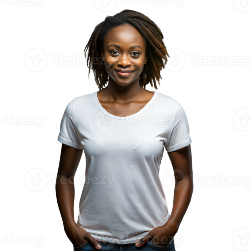 Confident young woman posing in a casual white t-shirt png