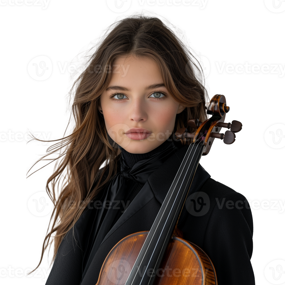 joven hembra violinista posando con su instrumento png