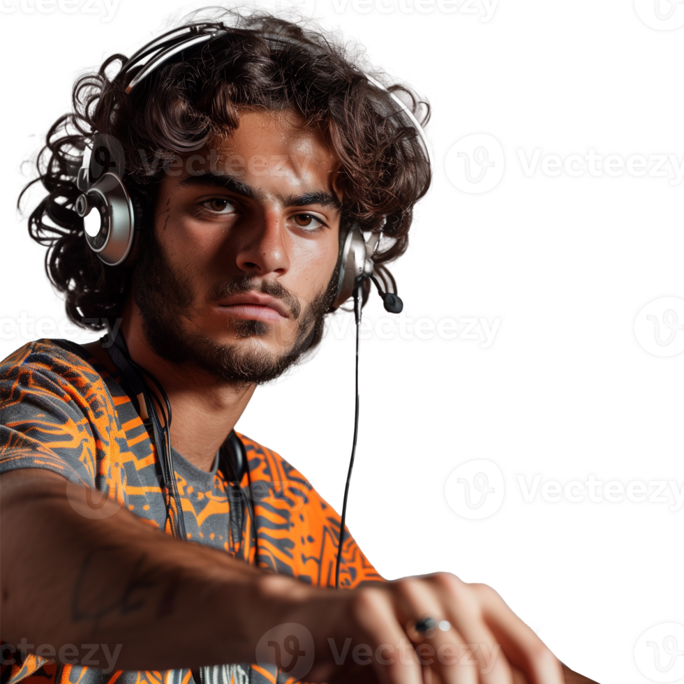 Young male DJ mixing music with headphones and equipment png