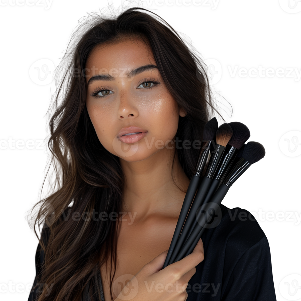 Professional makeup artist holding brushes, portrait shot png