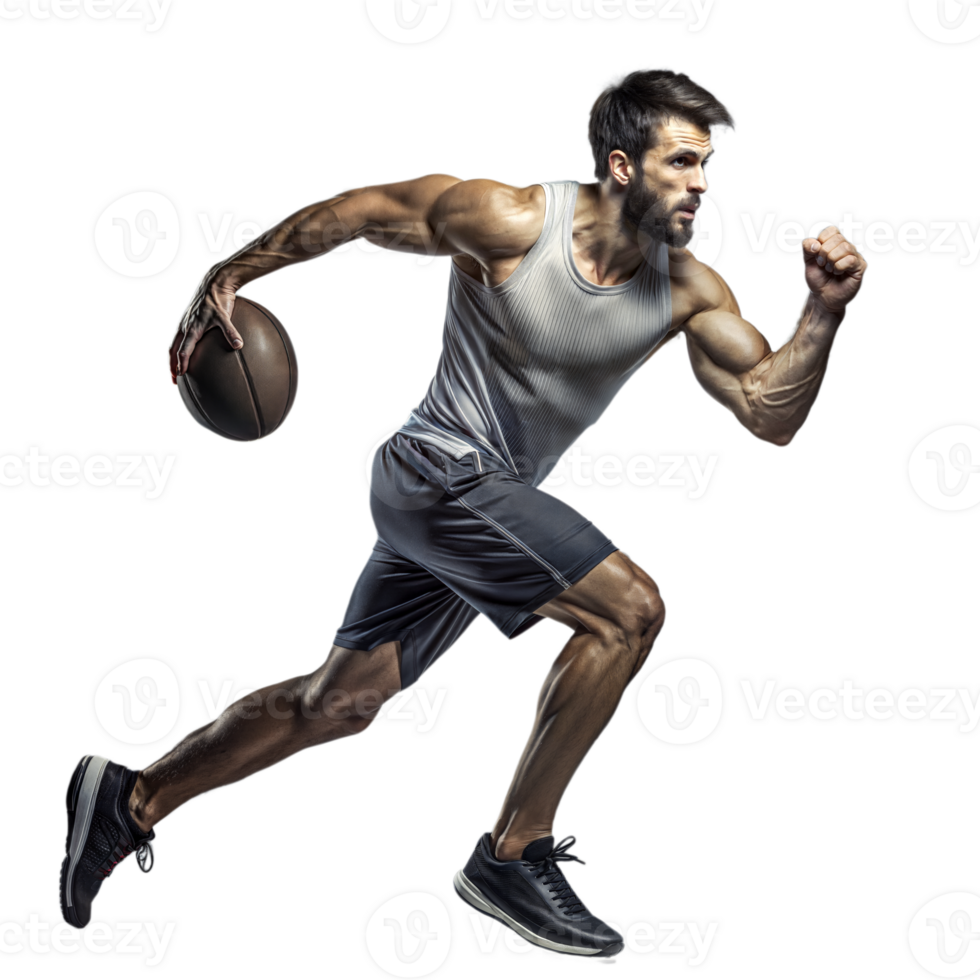 Athletic man sprinting with a basketball on a transparent background png