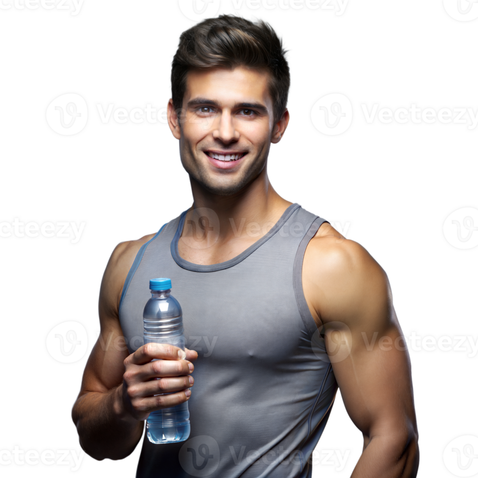 bonito jovem homem segurando uma água garrafa em uma transparente fundo png